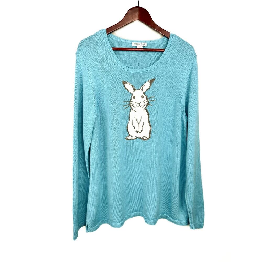 Coldwater Creek XL Sweater Turquoise Blue Bunny Rabbit Sweater Preppy Easter